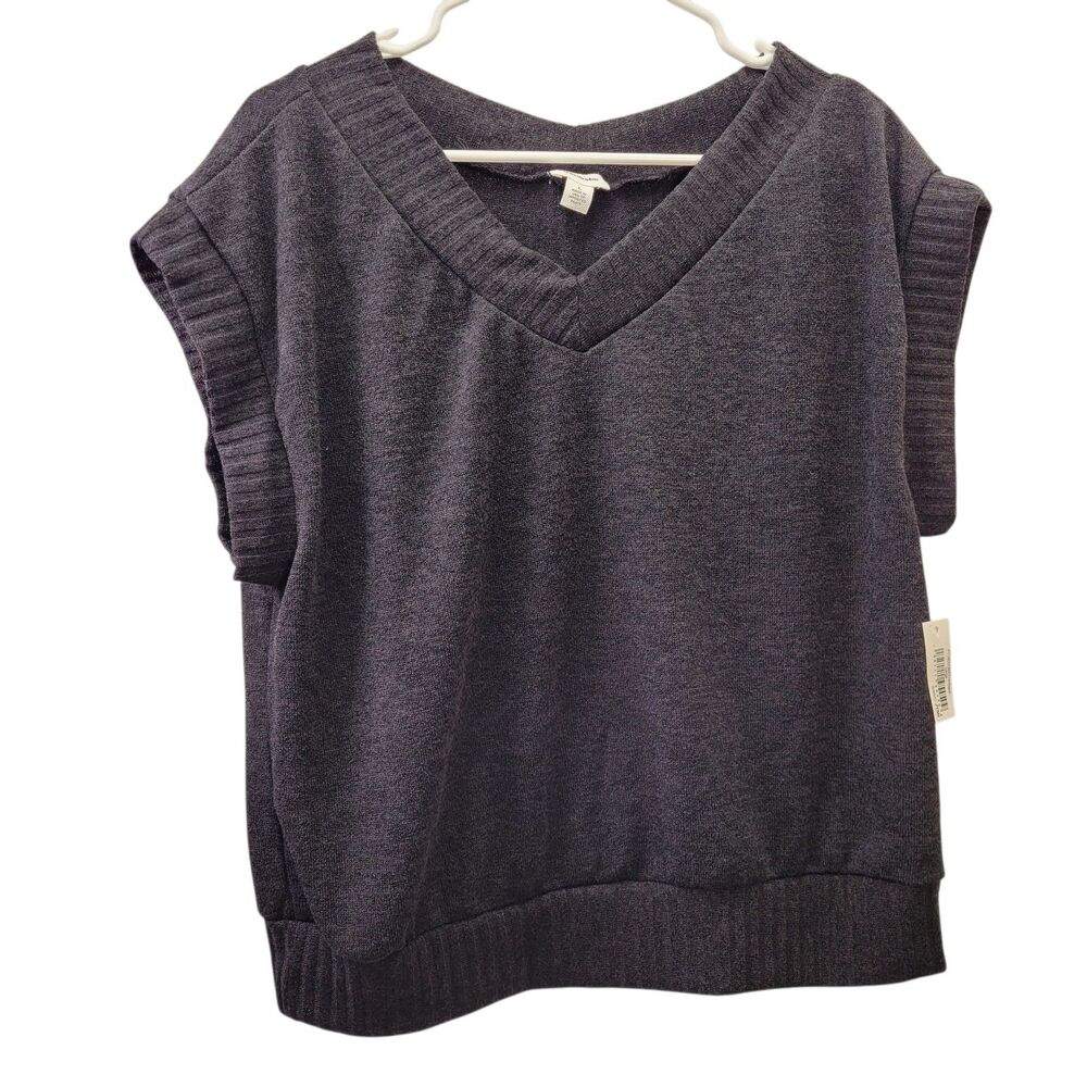 Women V-Neck Knit Blouse Sleeveless Black Sweater Top Size Large